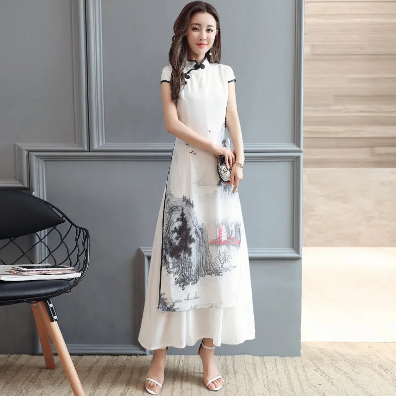 1pcs/lot Summer Elegant Slim Women Painting Cheongsam White Dress Qipao Chiffon Vintage Chinese Style Dress