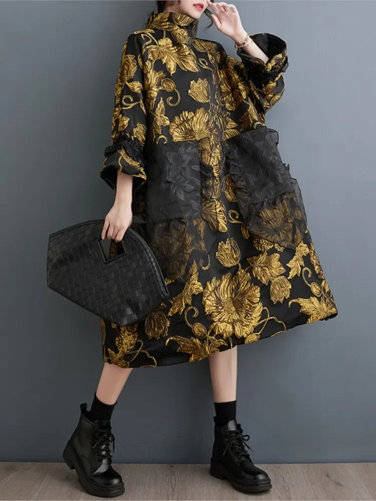 Oversized Autumn Winter Midi Dress Women Patchwork Fashion Chinese Style Flower Ladies Dresses Pleated Loose Woman Dress 2024