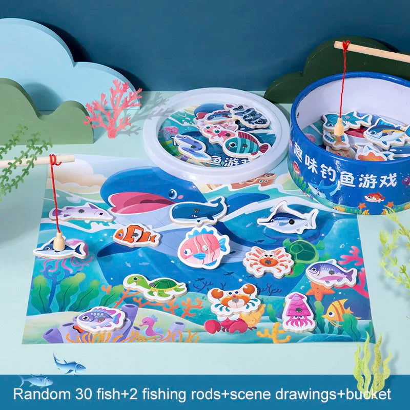 Montessori Wooden Magnetic Fishing Toys For Kids Cartoon Marine Life Cognition Fish Games Education Parent-Child Interactive Toy