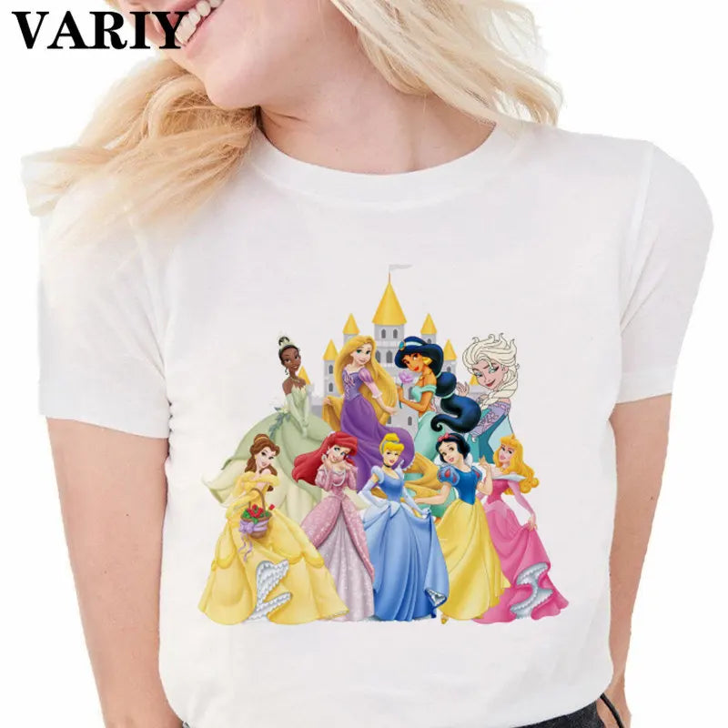 Princess Castle Balloons Shirt Women Funny T Shirt Ariel Belle Rapunzel Mermaid Graphic Ulzzang T-Shirt 90S Aesthetic Tee Female