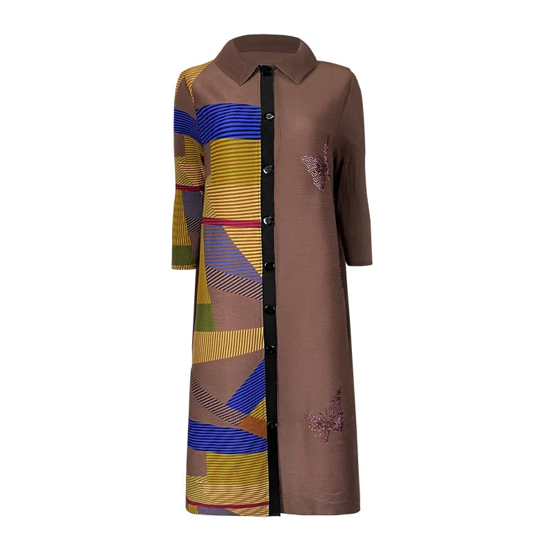 2024 Spring Spliced Colorful Pleated Dress Women's Polo Collar Single Breasted Long Sleeve Dress Women's Clothing