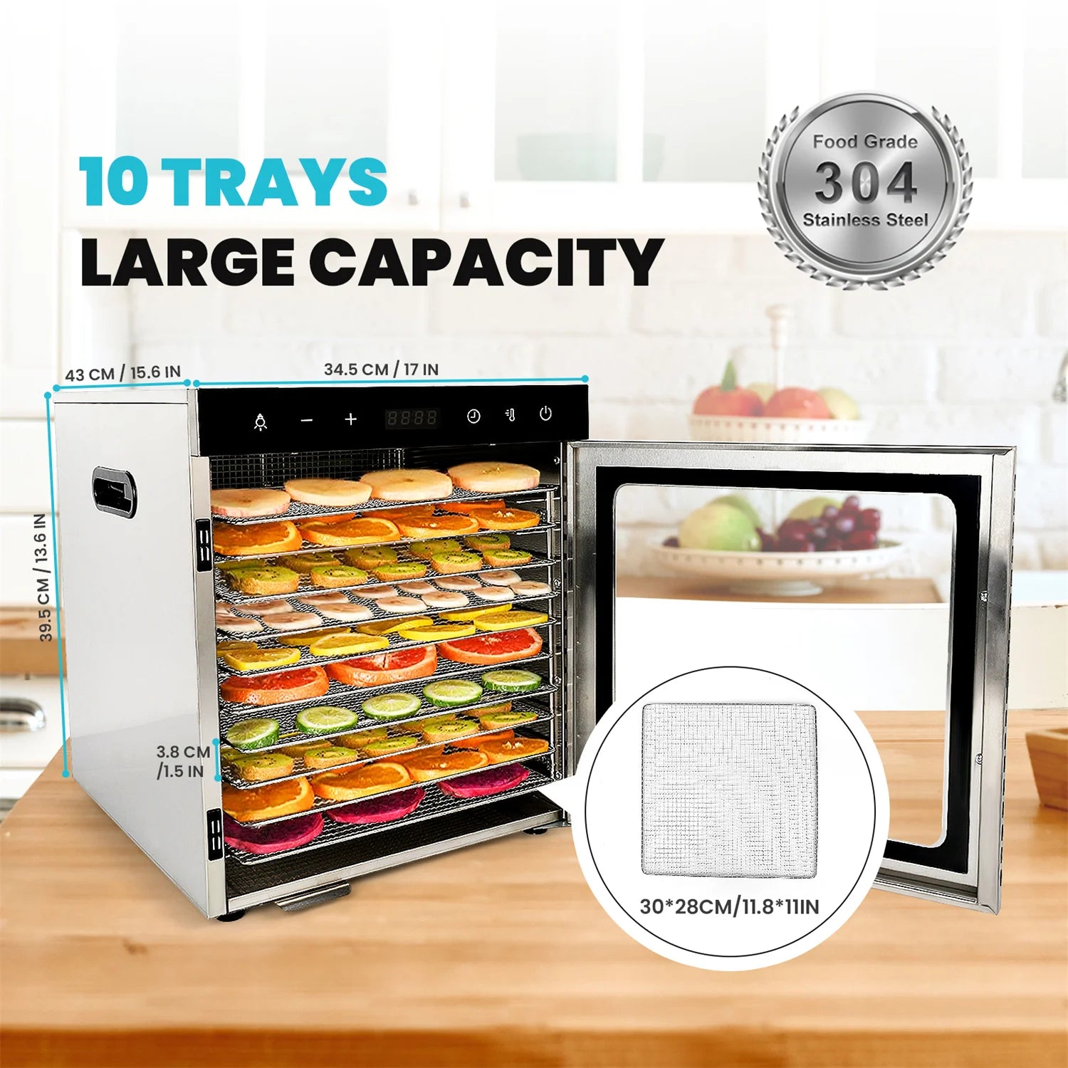Food Dehydrator 800W Dehydrated Dryer 10 Stainless Steel Trays 24H Timer Temperature Control for Herbs, Meat, Fruit, and Yogurt