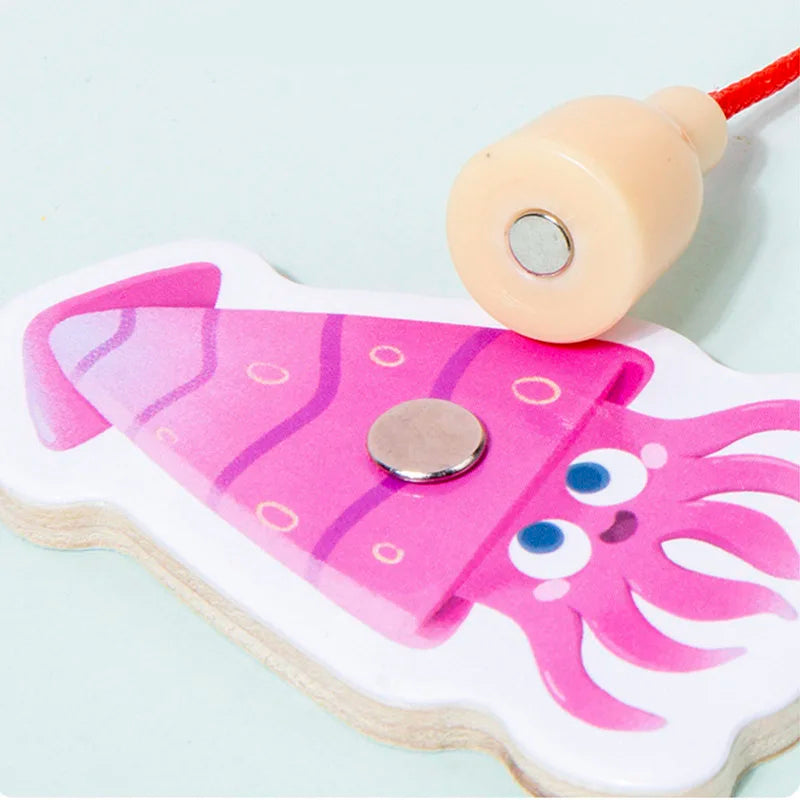 Montessori Wooden Magnetic Fishing Toys For Kids Cartoon Marine Life Cognition Fish Games Education Parent-Child Interactive Toy
