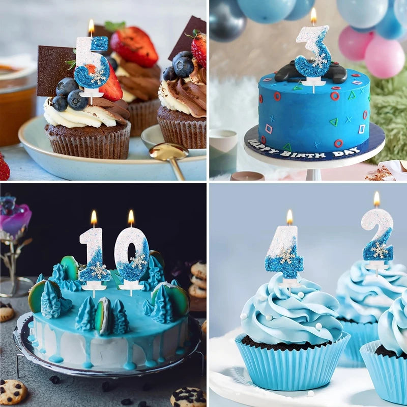 Frozen Birthday Candles 0-9 Number Glitter Blue Snowflake Cake Candle Kids Girls Birthday Party Cake Topper Decoration Supplies