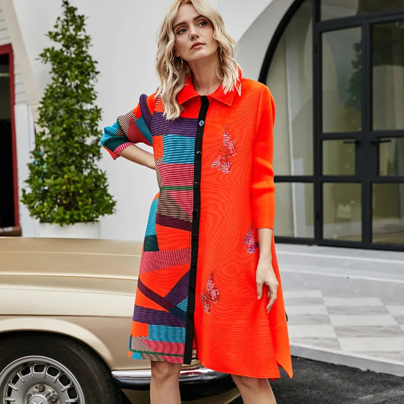 2024 Spring Spliced Colorful Pleated Dress Women's Polo Collar Single Breasted Long Sleeve Dress Women's Clothing