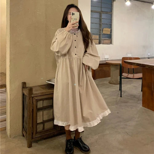 Nomikuma Autumn New Korean Style Dress Women Ruffles Patchwork O Neck Long Sleeve Dresses Slim Waist Elegant Vestidos Mujer
