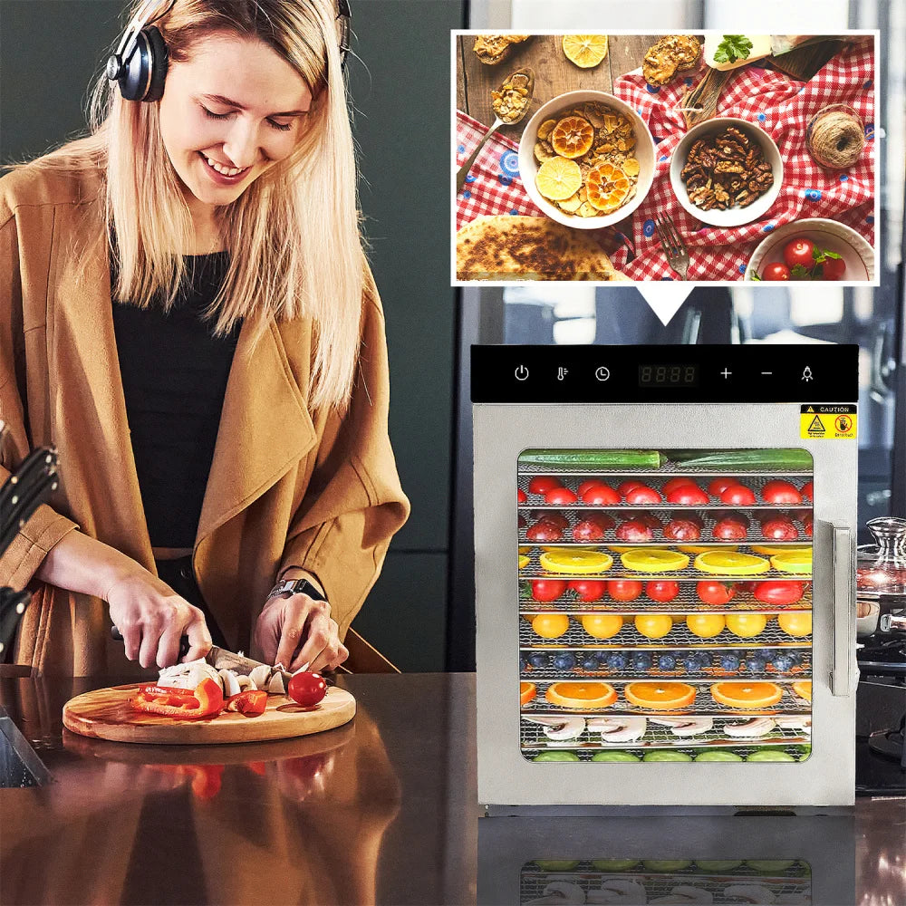 Food Dehydrator 800W Dehydrated Dryer 10 Stainless Steel Trays 24H Timer Temperature Control for Herbs, Meat, Fruit, and Yogurt