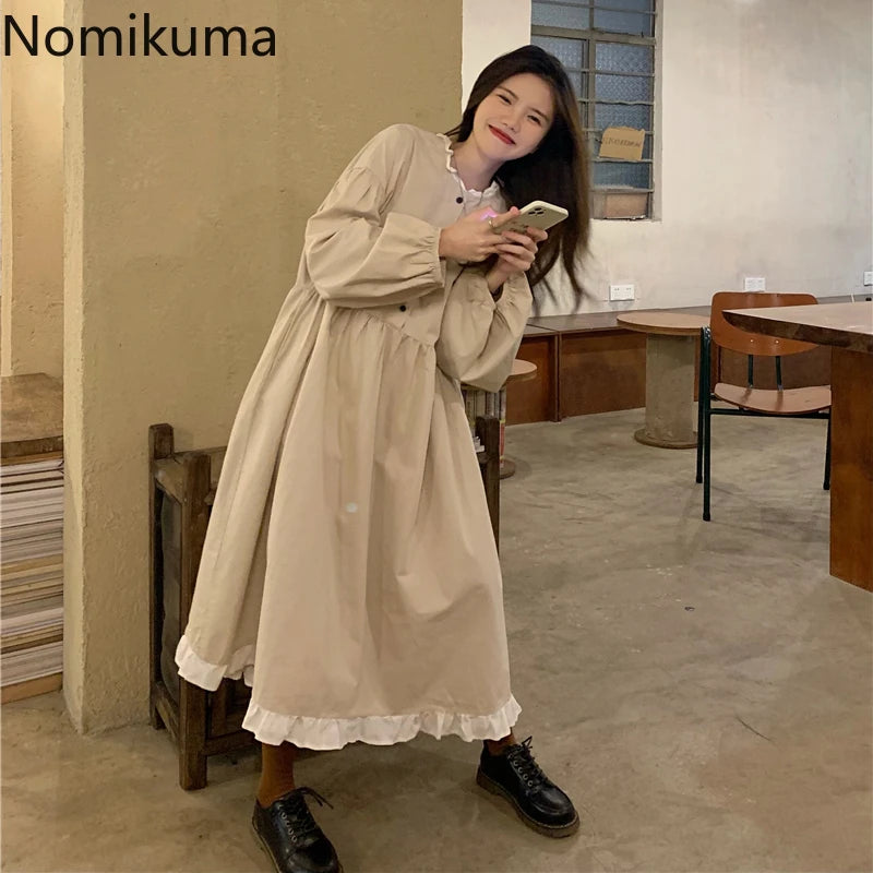 Nomikuma Autumn New Korean Style Dress Women Ruffles Patchwork O Neck Long Sleeve Dresses Slim Waist Elegant Vestidos Mujer