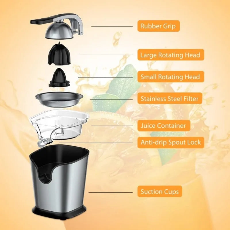 Electric Citrus Juicer Squeezer Stainless Steel 150 Watts of Power for Orange Lemon Lime Grapefruit Juice with Soft Rubber Grip