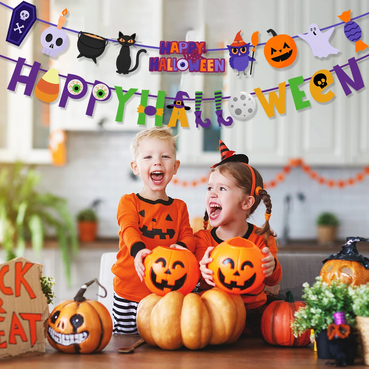 2024 Happy Halloween Banner Horror Pumpkin Witch Spider Skull Garland Flags For Halloween Home Haunted House hanging ornaments