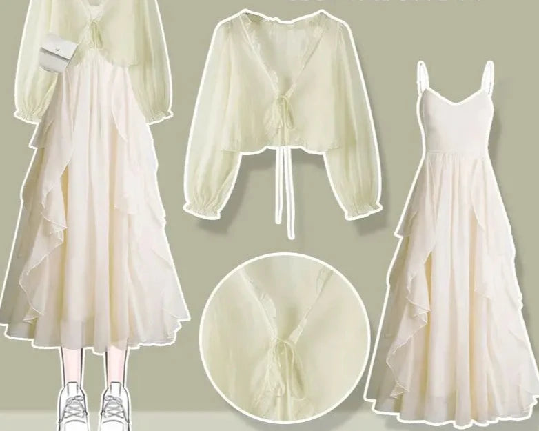 2 Pieces Sets Women Crop Tops Slim T-shirts + Strap Dress Set Korean Style New Fashion Summer Y2k Sexy Sweet