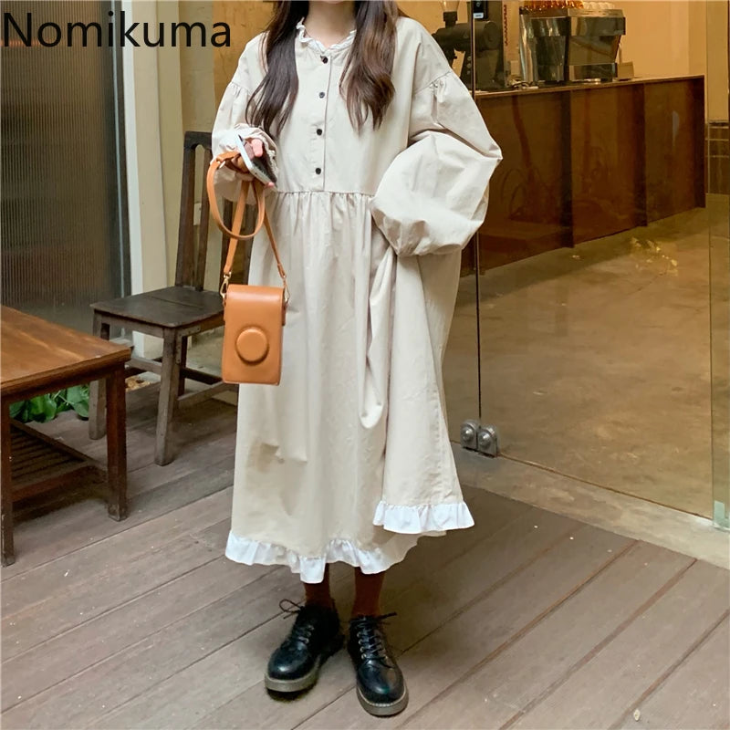 Nomikuma Autumn New Korean Style Dress Women Ruffles Patchwork O Neck Long Sleeve Dresses Slim Waist Elegant Vestidos Mujer