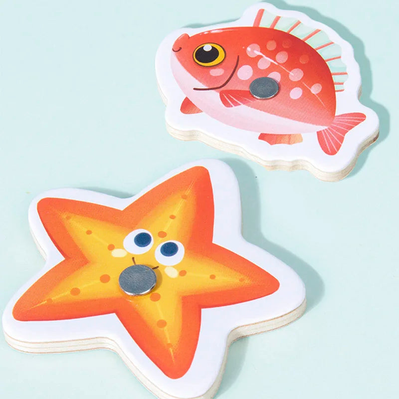 Montessori Wooden Magnetic Fishing Toys For Kids Cartoon Marine Life Cognition Fish Games Education Parent-Child Interactive Toy