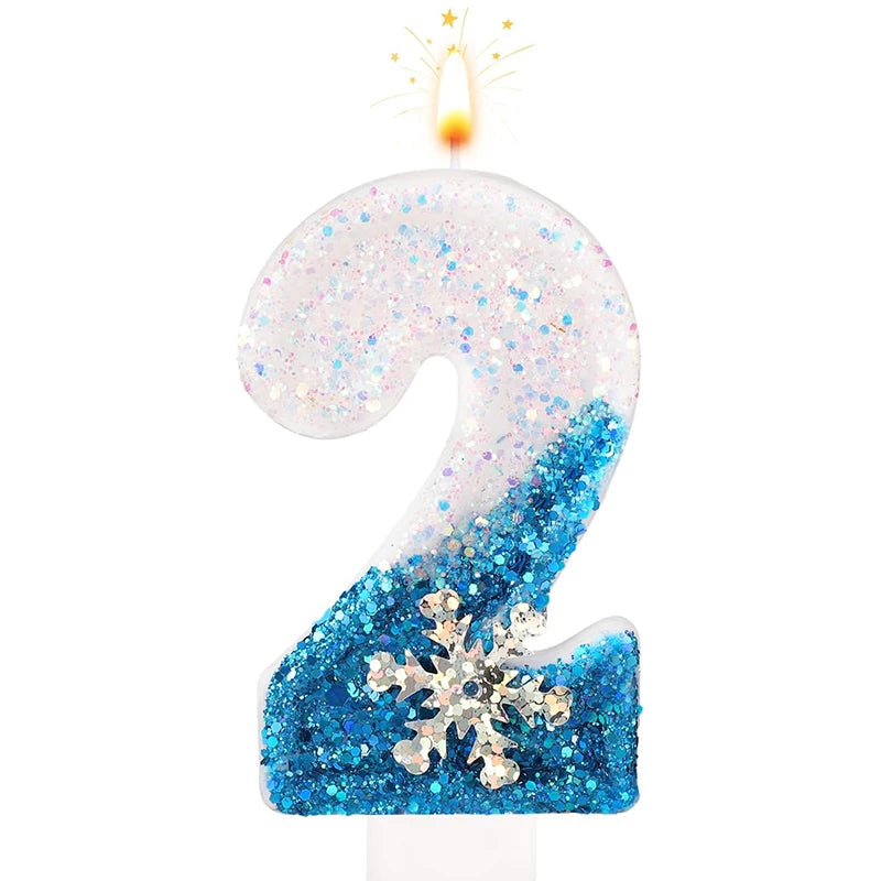 Frozen Birthday Candles 0-9 Number Glitter Blue Snowflake Cake Candle Kids Girls Birthday Party Cake Topper Decoration Supplies