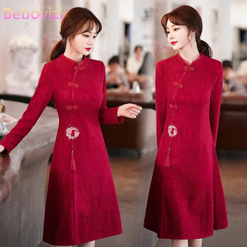 2022 Chinese Traditional Qipao Dress Women Clothing New Style Stand Collar Vintage Long Sleeve Cheongsam
