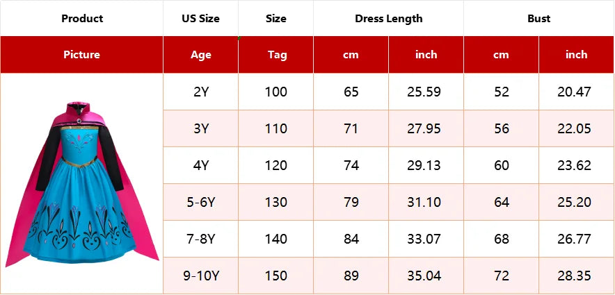 Disney Frozen Anna Elsa Cosplay Costumes for Girls Princess Snow Queen Long Dresses Halloween Party Carnival Clothes Vestido