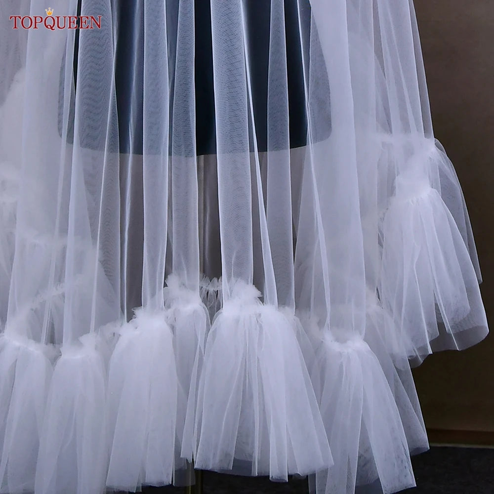 TOPQUEEN Short Romantic Wedding Veil 2 layers Bridal Veils Cover Face Tactical Halloween Integrated Bonnet Veil Fingertip V183