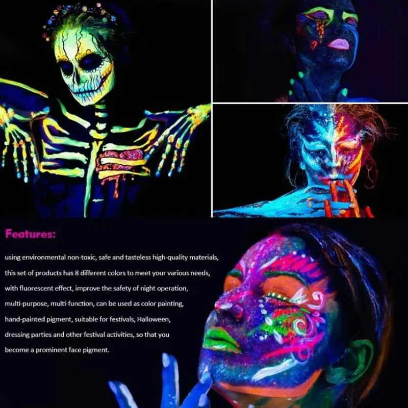8 Colors Luminiscent Paint Face Body Art Paint UV Glow Fluorescent Glowing Halloween Party Fancy Dress Beauty Makeup Dark Paint