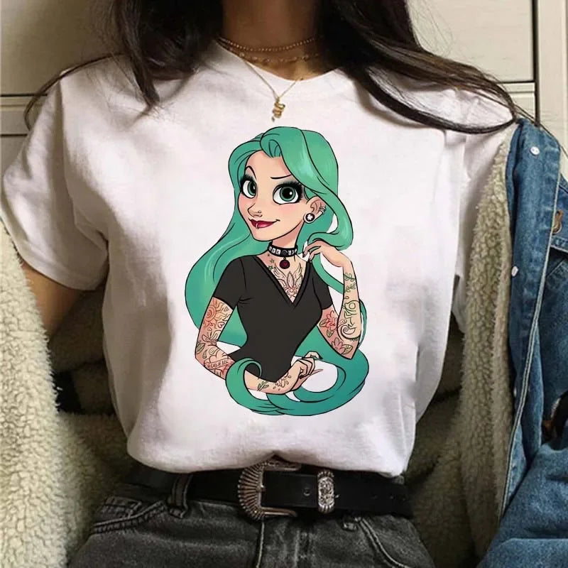 Punk Princess Printed Pattern Tee Mermaid Ariel Kawaii Girls T-Shirt Streetwear Womens Tops Cute Harajuku T-Shirt
