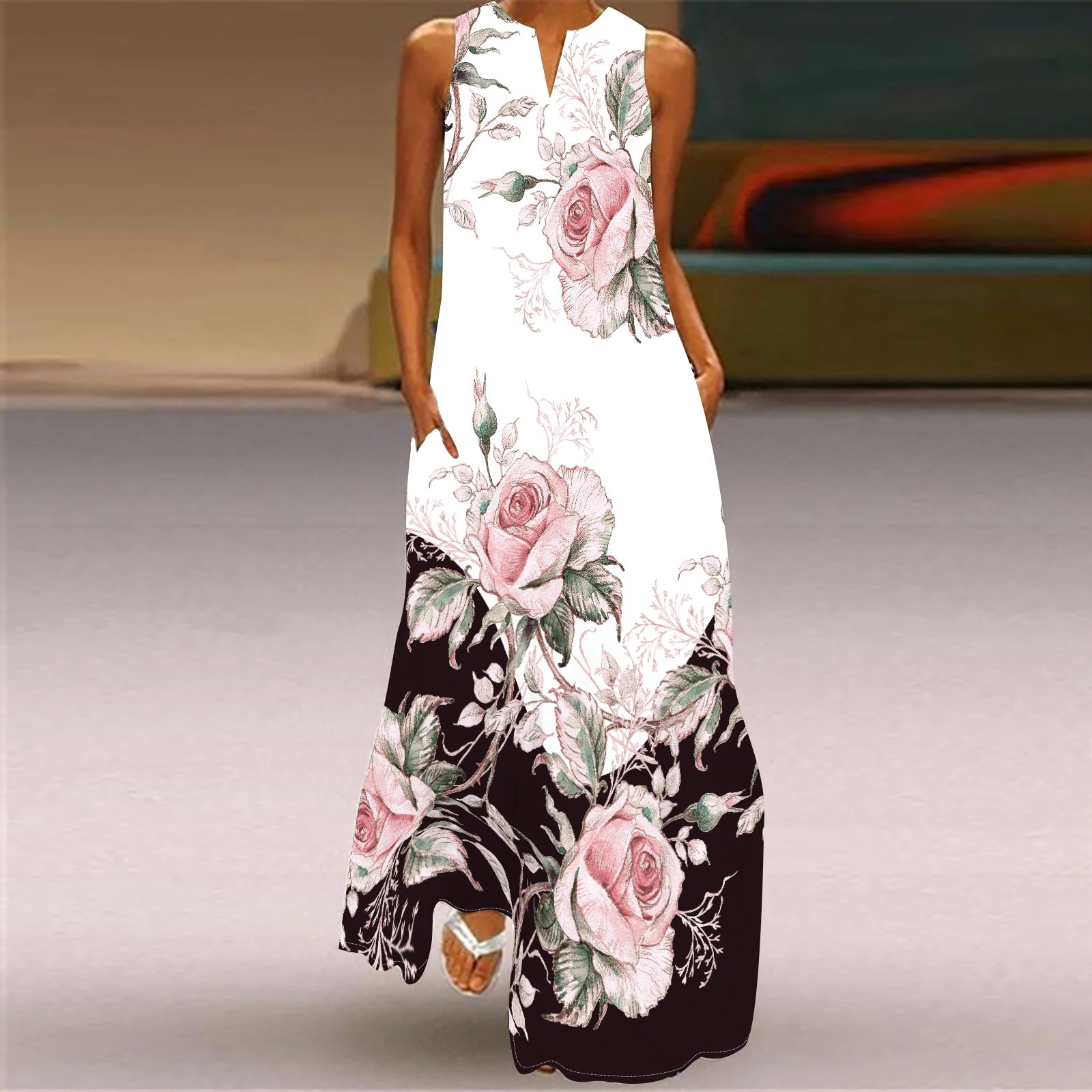 Big Size Sexy Chinese Style Print Sleeveless Dress Europe and The United States Fashion Beach New Loose