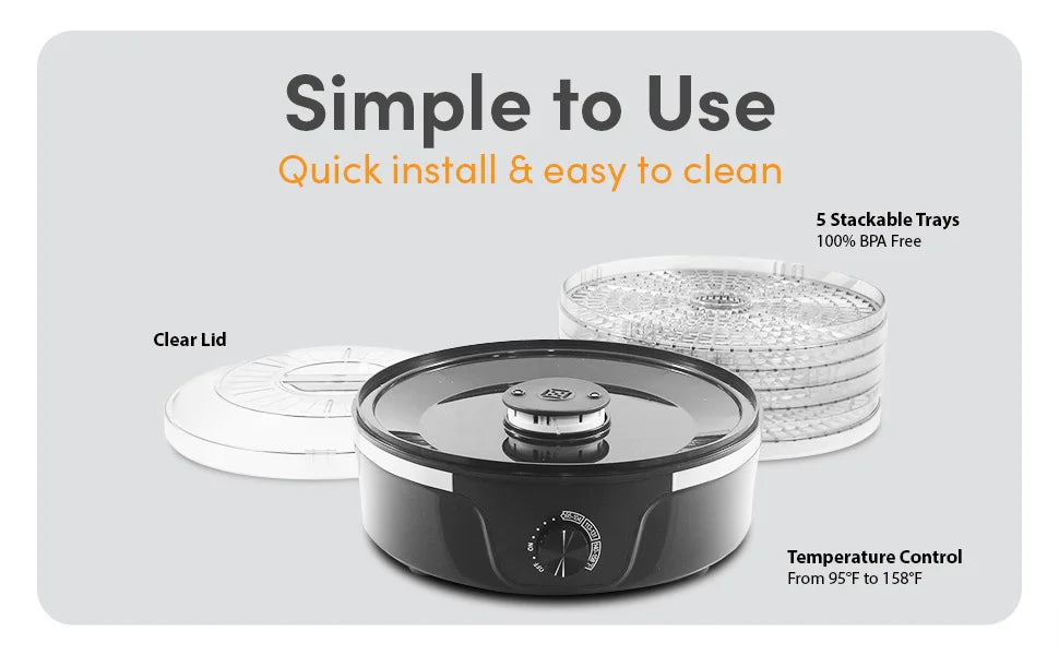 EFD319 Food Dehydrator, 5 BPA-Free 11.4" Trays Adjustable Temperature Controls, Jerky, Herbs, Fruit, Veggies, Dried Snacks
