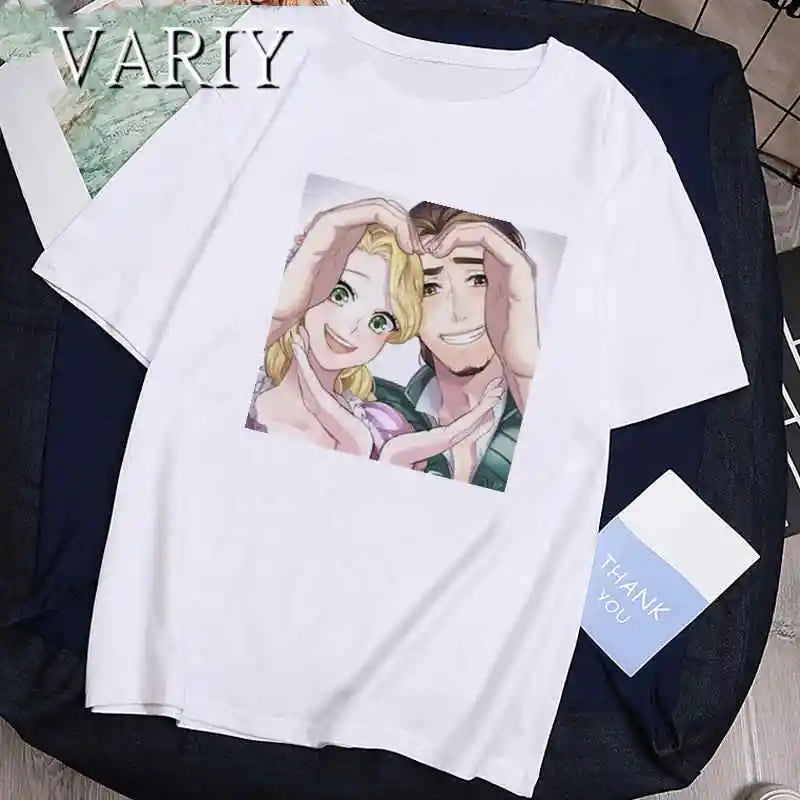 Frog Princess and Prince Lovers Print Tshirts Tiana Ariel Couple Series T-Shirt Women Summer Casual Short Sleeve Clothes Y2K Top