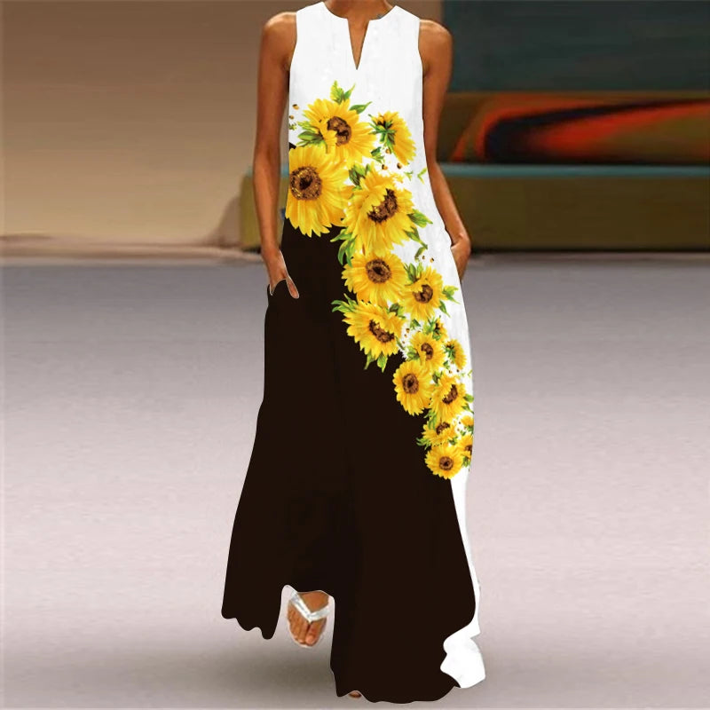Summer Long Dress Women Sleeveless Loose V-neck Elegant Dresses Party 2024 New Ink Painting 3D Print Vintage Chinese Style Dress