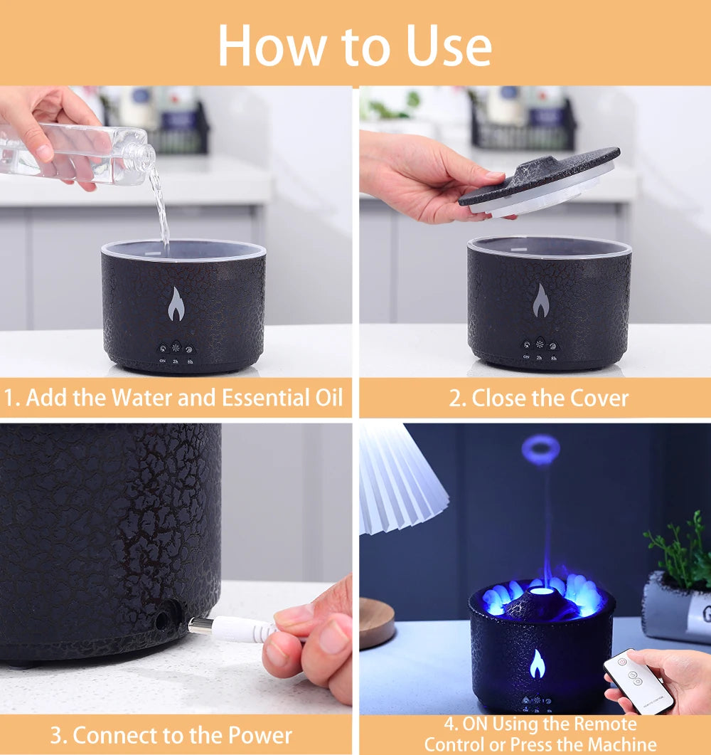 New Portable Volcano Flame Air Humidifier Essential Oil Aroma Diffuser for Home Mist Jellyfish Humidifiers Night Light Fragrance