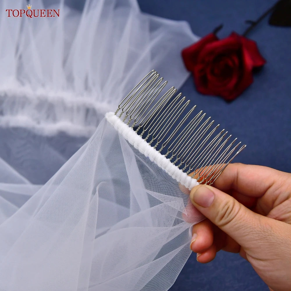 TOPQUEEN Short Romantic Wedding Veil 2 layers Bridal Veils Cover Face Tactical Halloween Integrated Bonnet Veil Fingertip V183