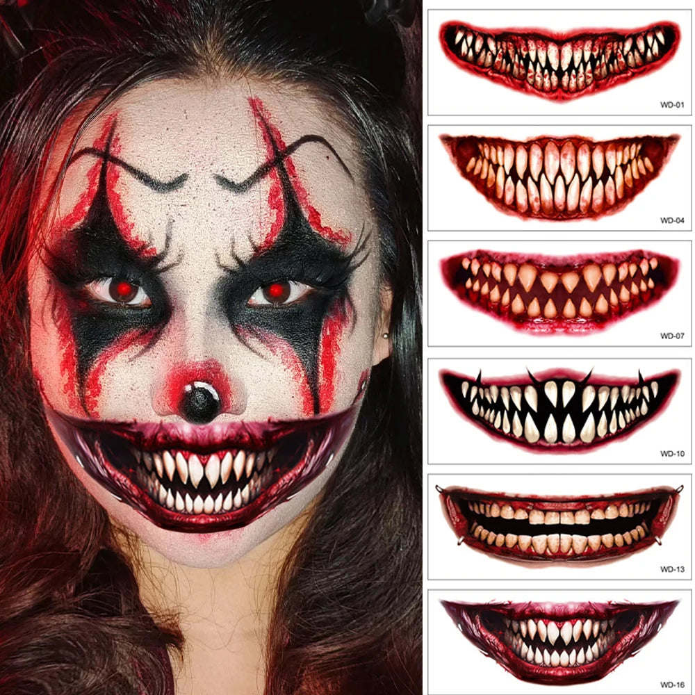 50pcs New Halloween Horror Big Mouth Face Tattoo Funny Diy Stickers Party Scary Temporary Tattoo Waterproof Tattoo for Men Women