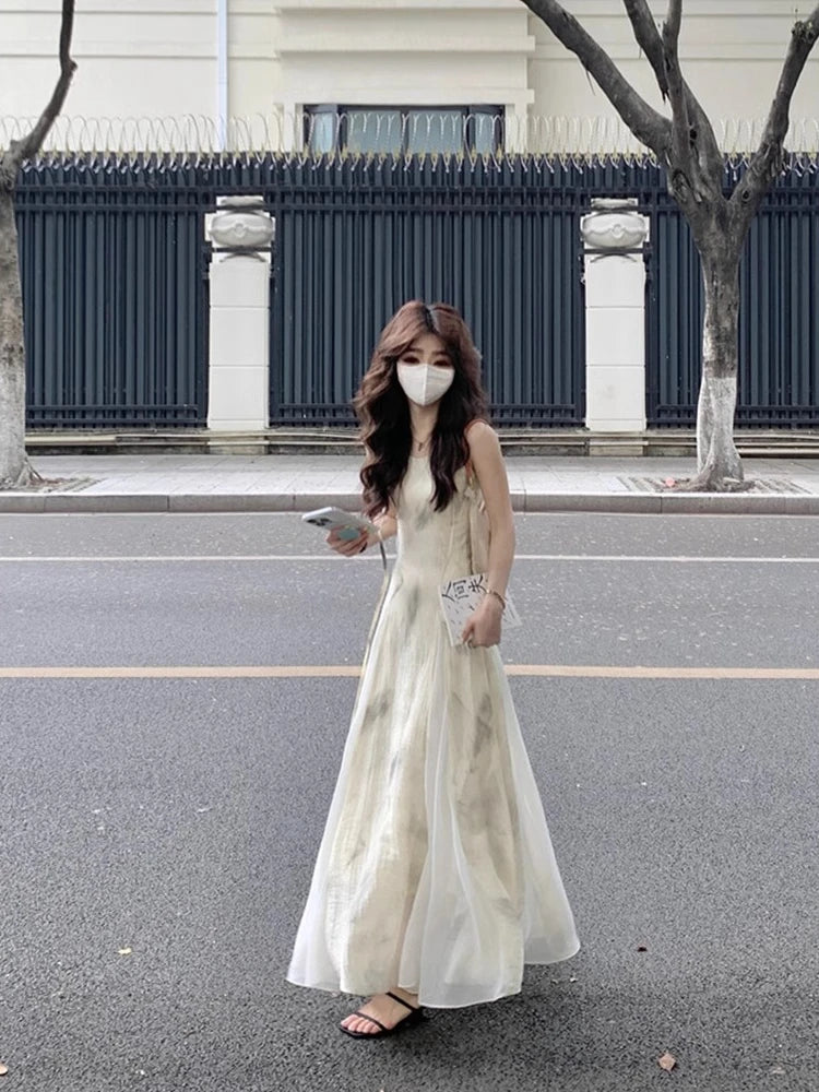 Vintage Women Camisole Dress Printing Streetwear Literary Summer A-line Vestidos Temper Artistic Chinese Style Chic Ulzzang new
