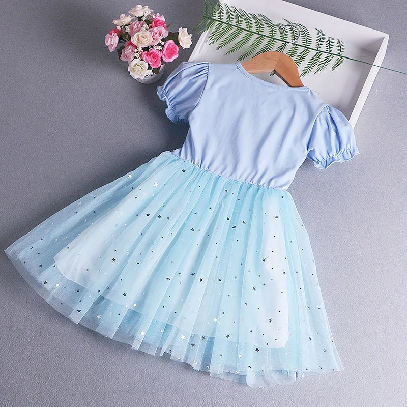 Disney Elsa Princess Dress with Cape Girls Dress Summer Kids Short Sleeve for Children's Western Style Frozen Party Costume 2-8Y