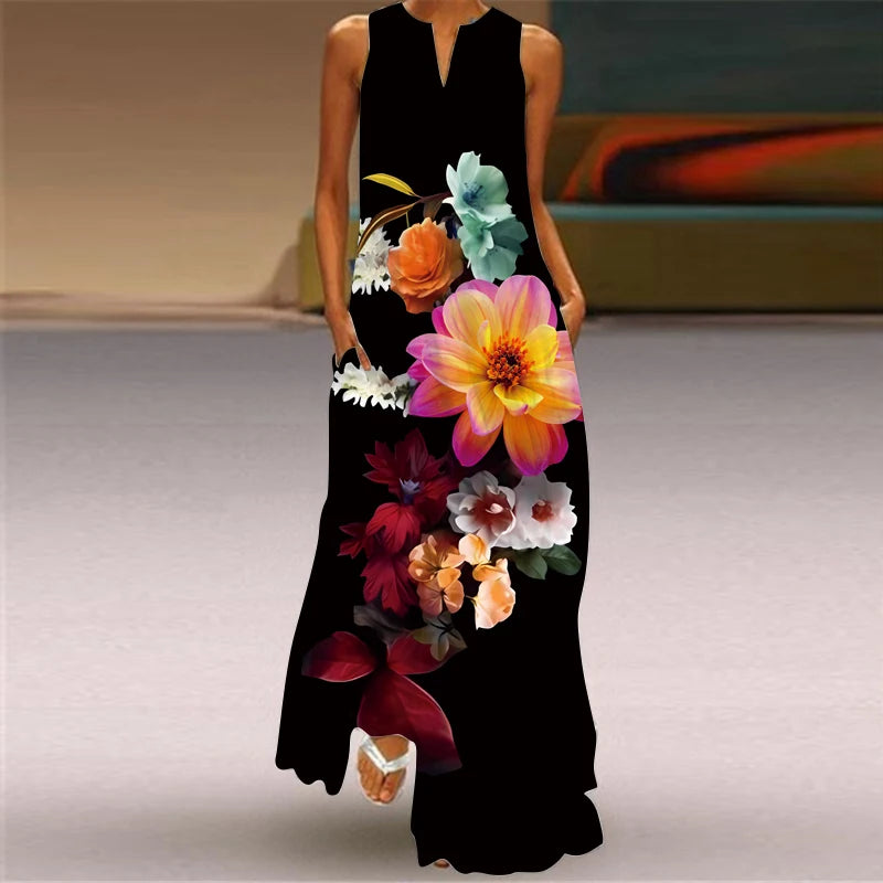 Summer Long Dress Women Sleeveless Loose V-neck Elegant Dresses Party 2024 New Ink Painting 3D Print Vintage Chinese Style Dress