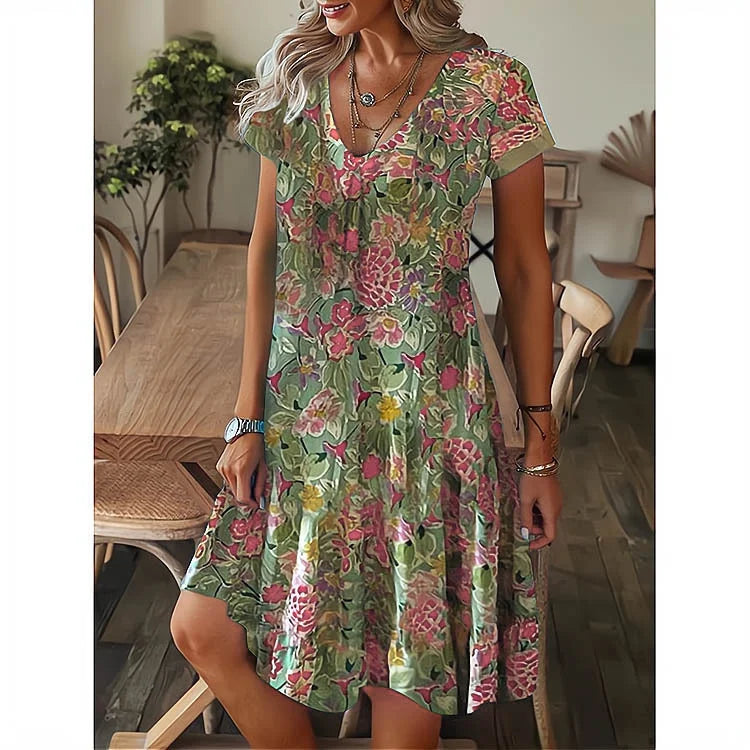 Summer Women's Casual V-neck Loose Print Short Sleeve Dress