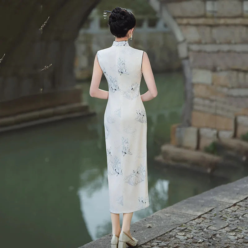 Sexy Qipao Print Flower Cheongsam New Chinese Style Dresses Women Improved Halter Cheongsams Sleeveless Satin Vestidos