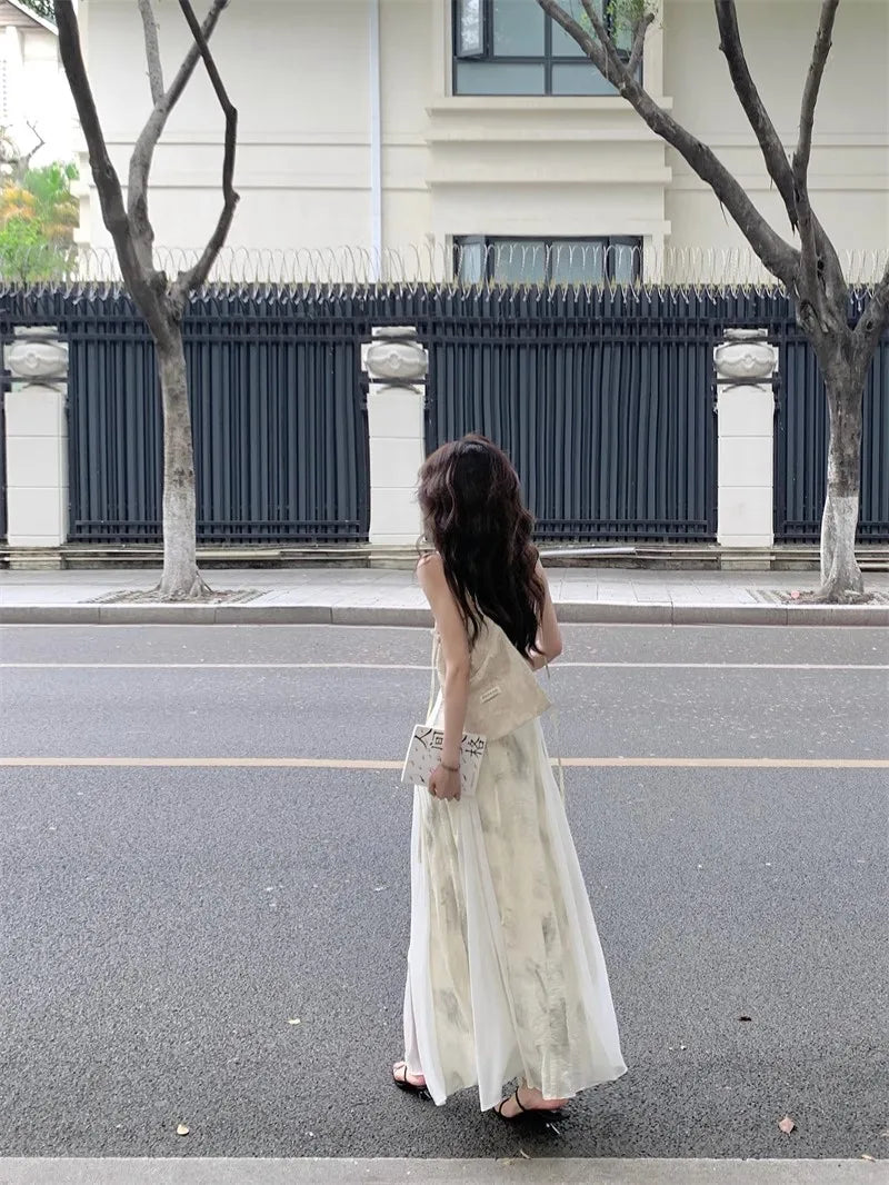 Vintage Women Camisole Dress Printing Streetwear Literary Summer A-line Vestidos Temper Artistic Chinese Style Chic Ulzzang new