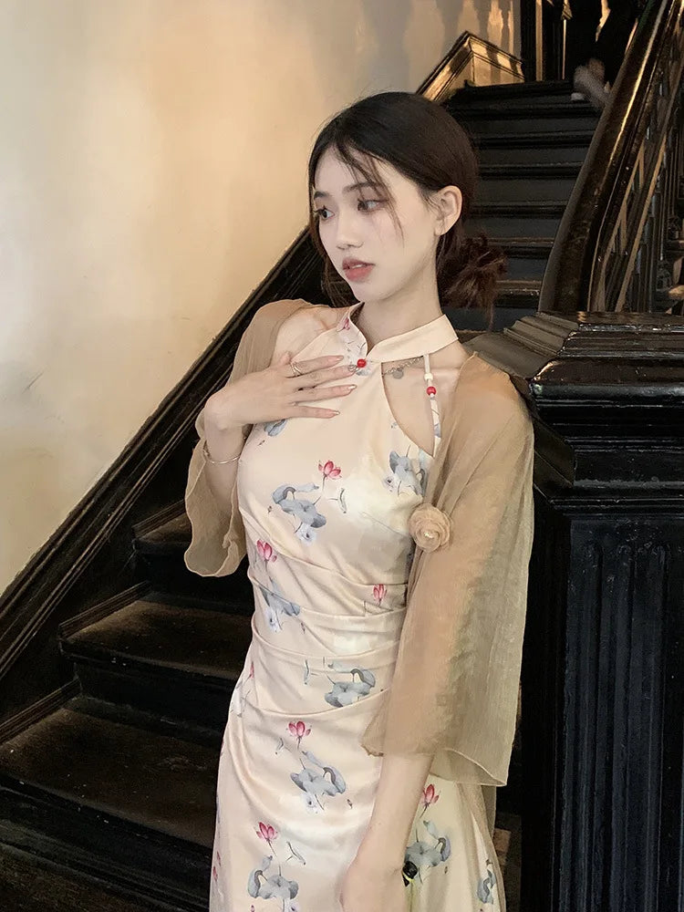 Spring Summer Print Flower Mandarin Collar Cheongsam New Chinses Style Retro Women Qipao Sexy Slim Split Chinese Dress Vestidos