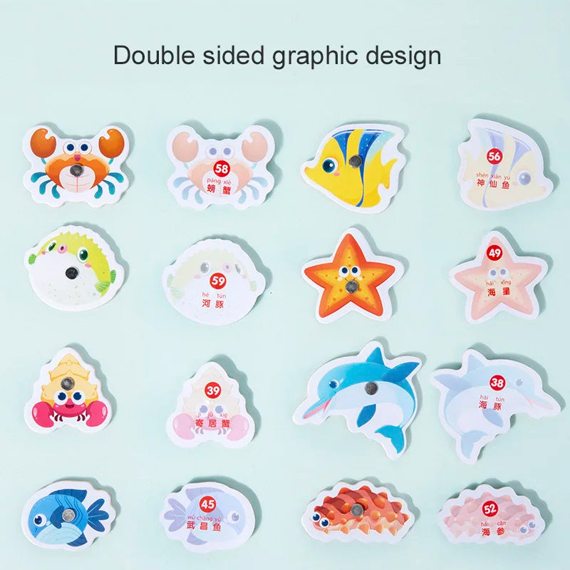 Montessori Wooden Magnetic Fishing Toys For Kids Cartoon Marine Life Cognition Fish Games Education Parent-Child Interactive Toy