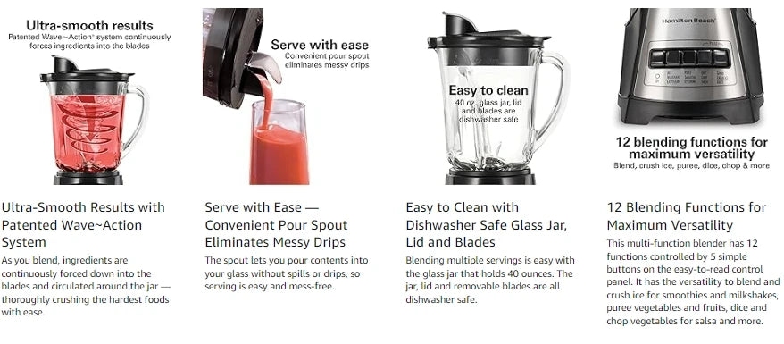 Blender, for shakes and smoothies, 40 oz glass jar, 12 functions (including puree, crushed ice), 700 W