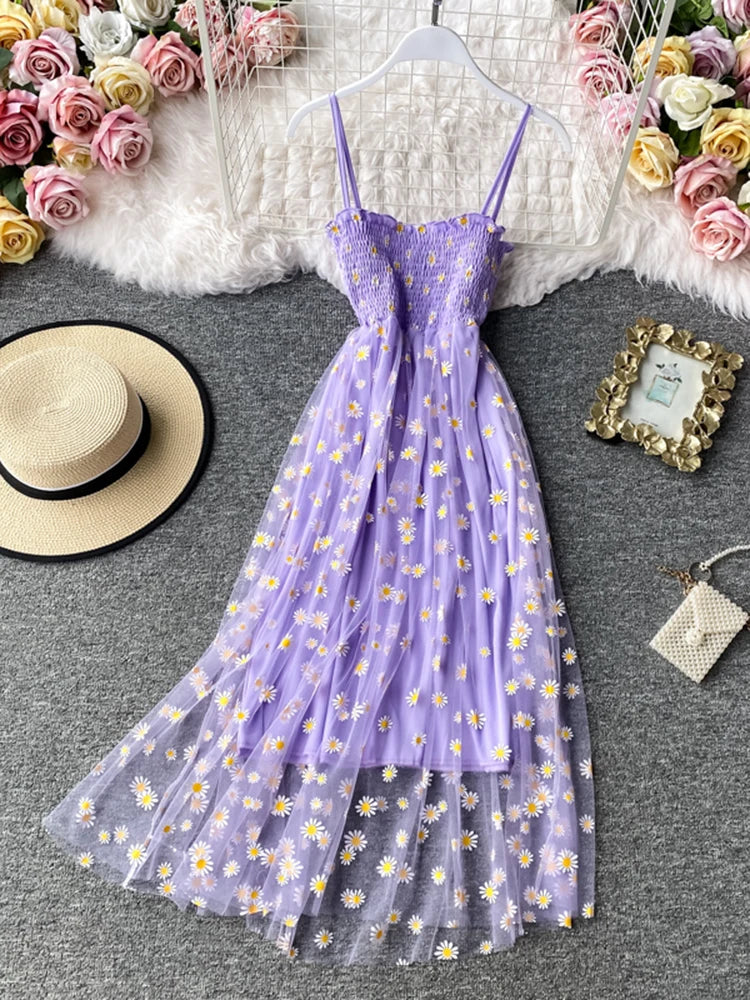 JMPRS Summer Beach Mesh Floral Dress Women Vintage Elegant Sexy Beach Sundress Woman Party Night Korean Kawaii Vestidos