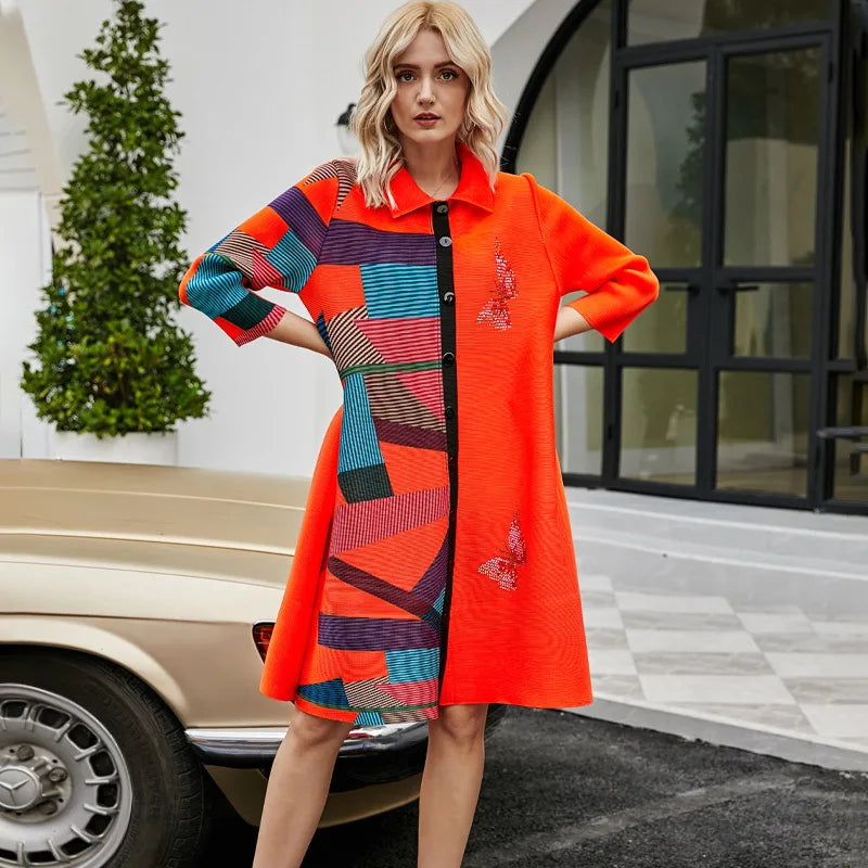 2024 Spring Spliced Colorful Pleated Dress Women's Polo Collar Single Breasted Long Sleeve Dress Women's Clothing