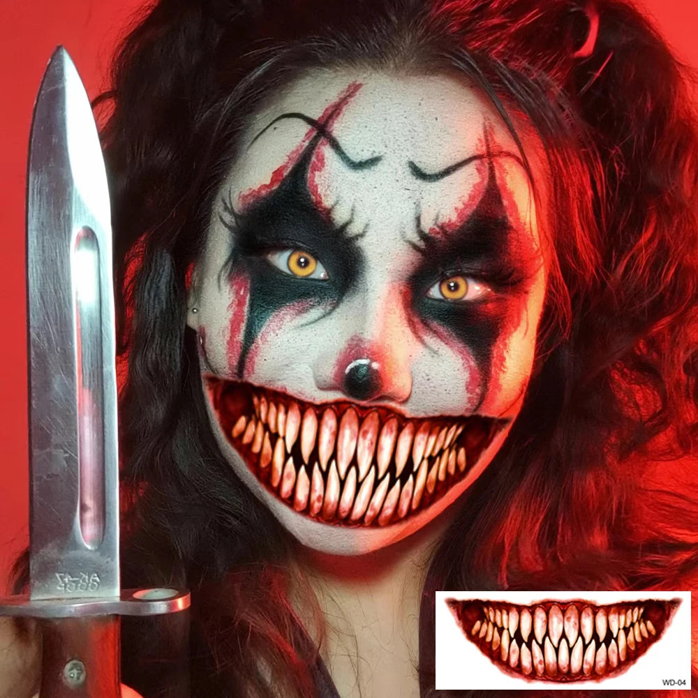 50pcs New Halloween Horror Big Mouth Face Tattoo Funny Diy Stickers Party Scary Temporary Tattoo Waterproof Tattoo for Men Women