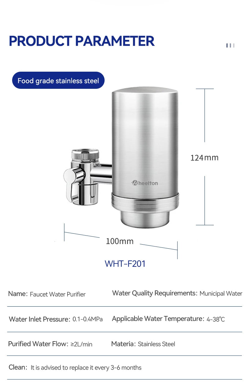Wheelton Stainless Steel Kitchen Tap Filter Water Purifier Faucet Composite Activated Carbon Household Drinking Filtration Home