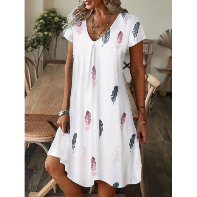Summer Women's Casual V-neck Loose Print Short Sleeve Dress