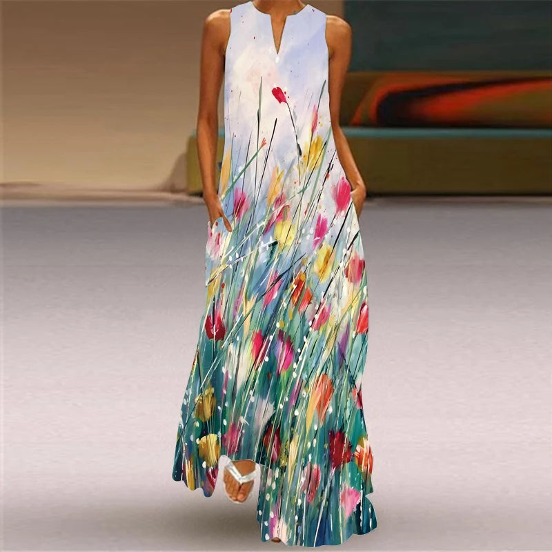 Summer Long Dress Women Sleeveless Loose V-neck Elegant Dresses Party 2024 New Ink Painting 3D Print Vintage Chinese Style Dress