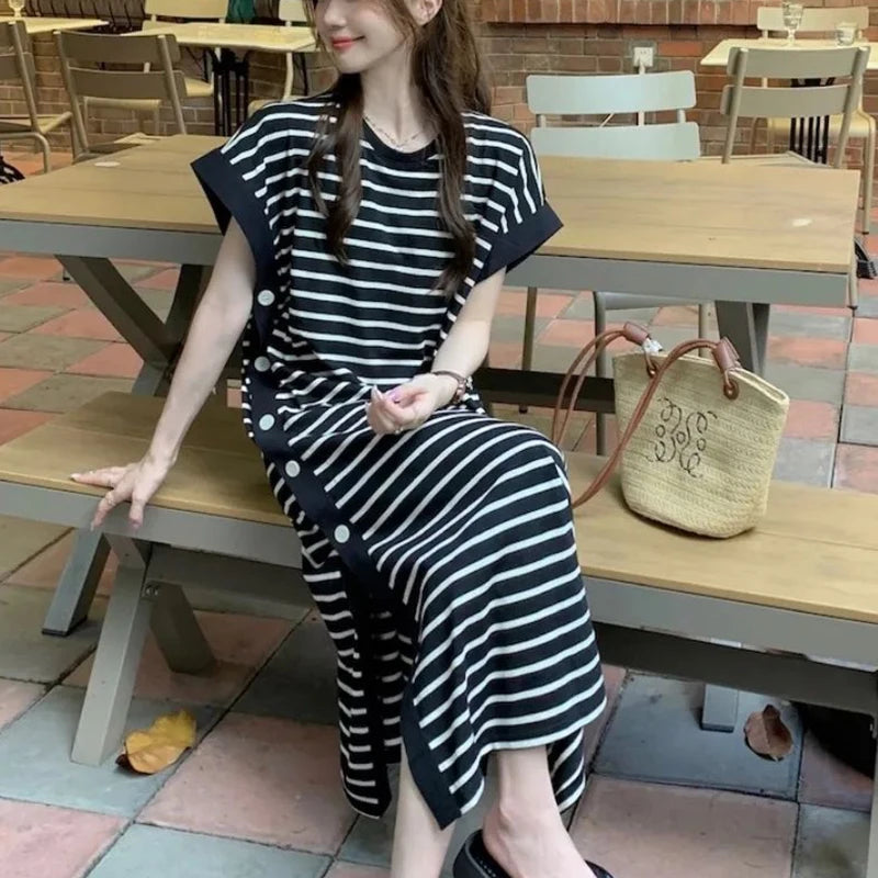 Fashion O-Neck Split Button Printed Striped Casual Dresses Female Clothing 2024 Summer New Loose Korean Short Sleeve Mini Dress