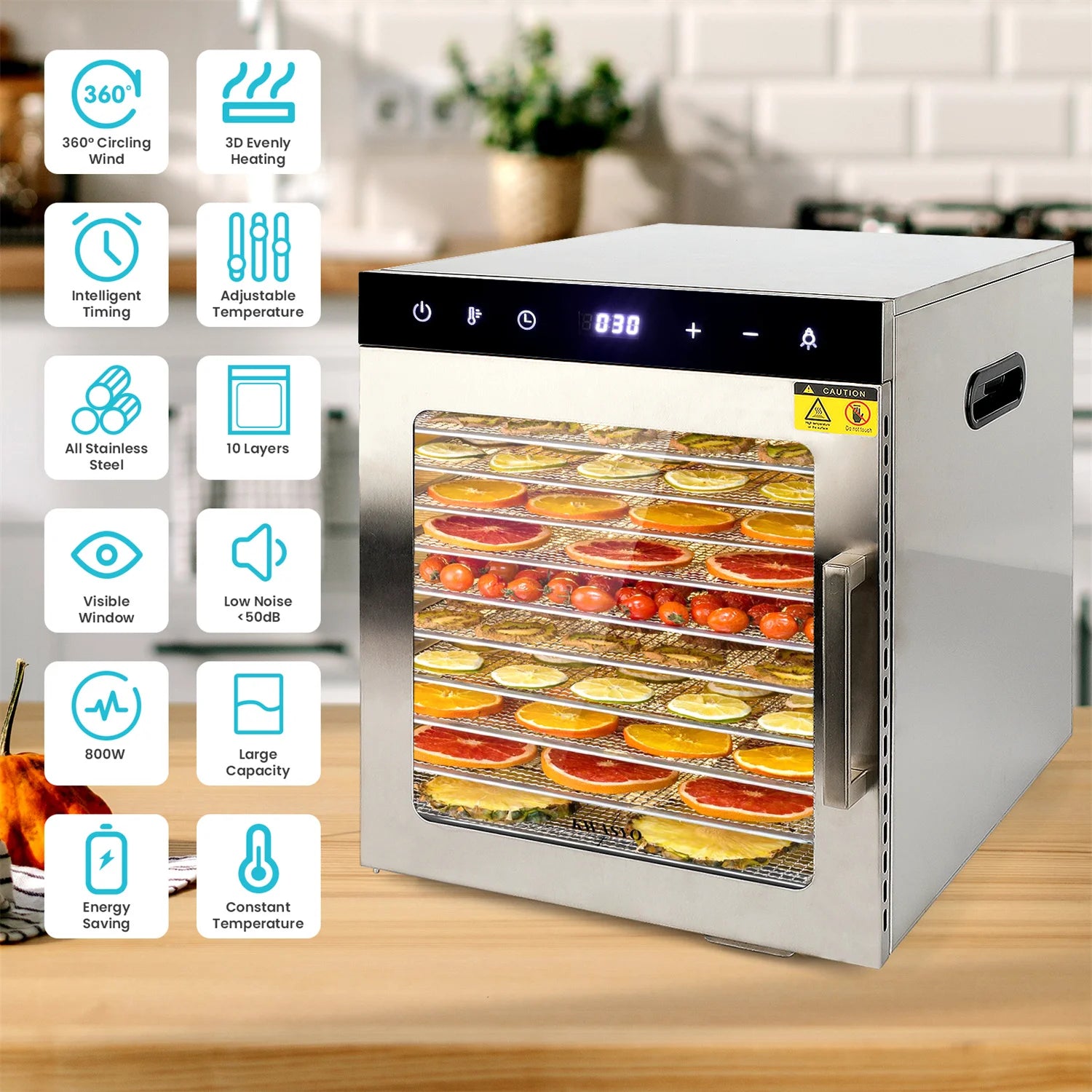 Food Dehydrator 800W Dehydrated Dryer 10 Stainless Steel Trays 24H Timer Temperature Control for Herbs, Meat, Fruit, and Yogurt