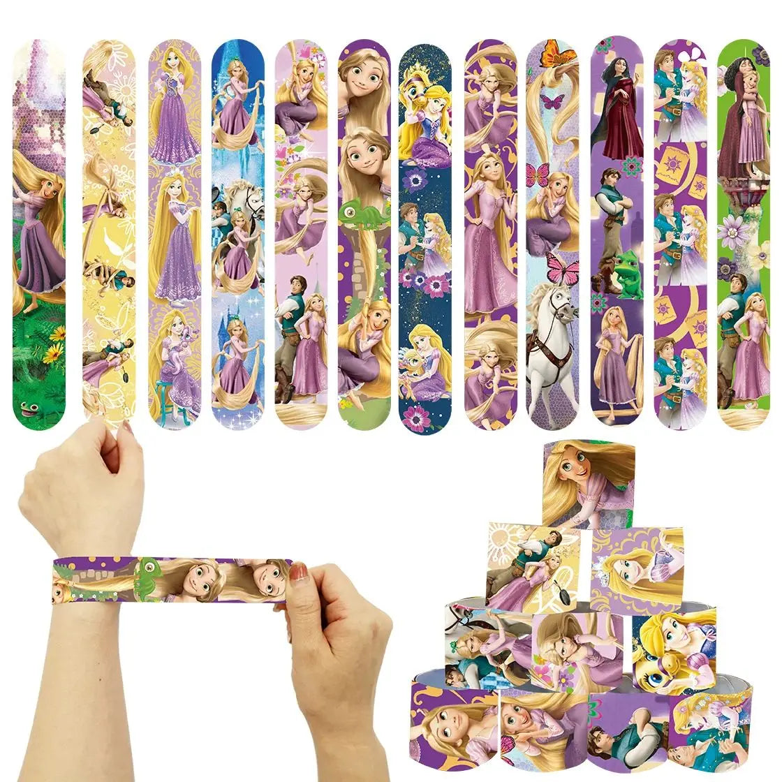 12pcs Disney Rapunzel Princess Slap Bracelets for Girls Bulk Wristbands Birthday Party Decoration Kids Baby Shower Party Gifts