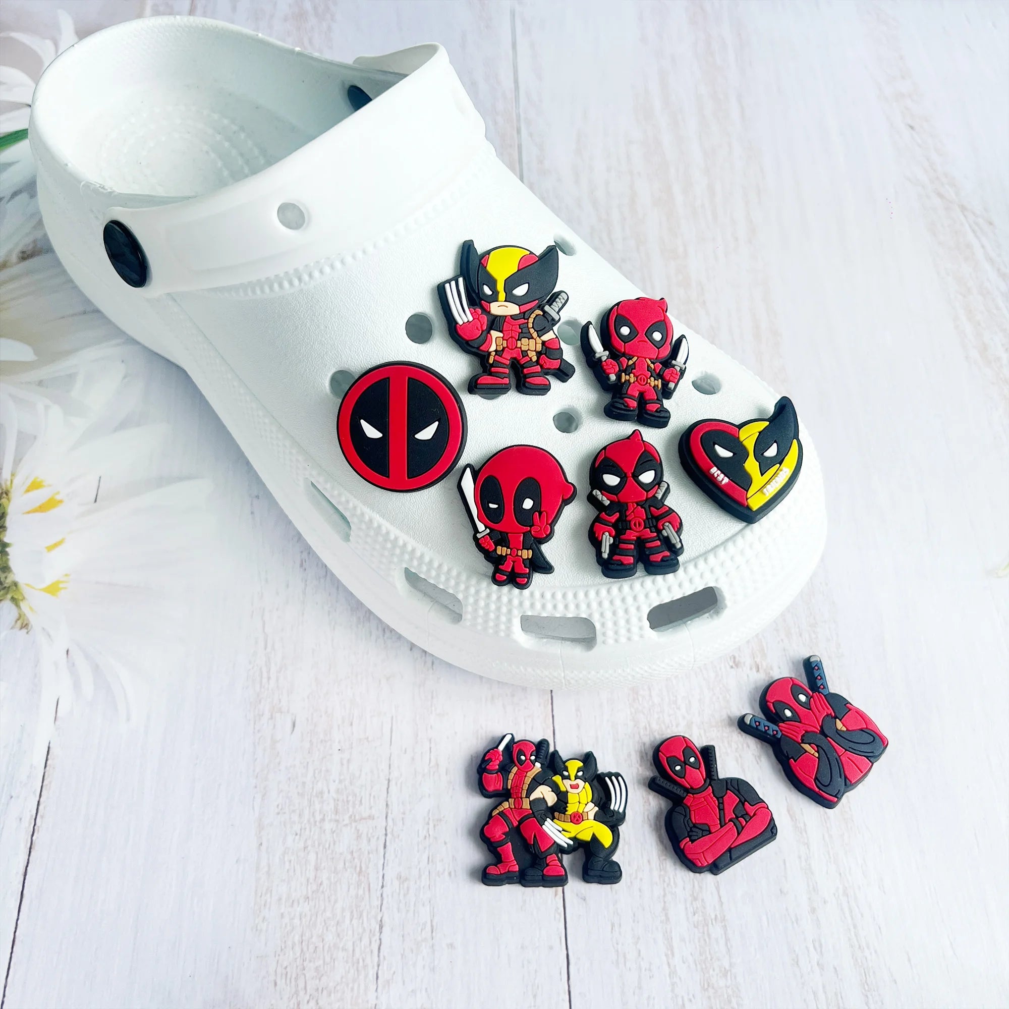 1-9Pcs Deadpool Marvel Heros Cartoon Anime PVC Boys Shoes Charms Decorations Shoe Buckle Clog Diy Wristbands Kids Party Gift