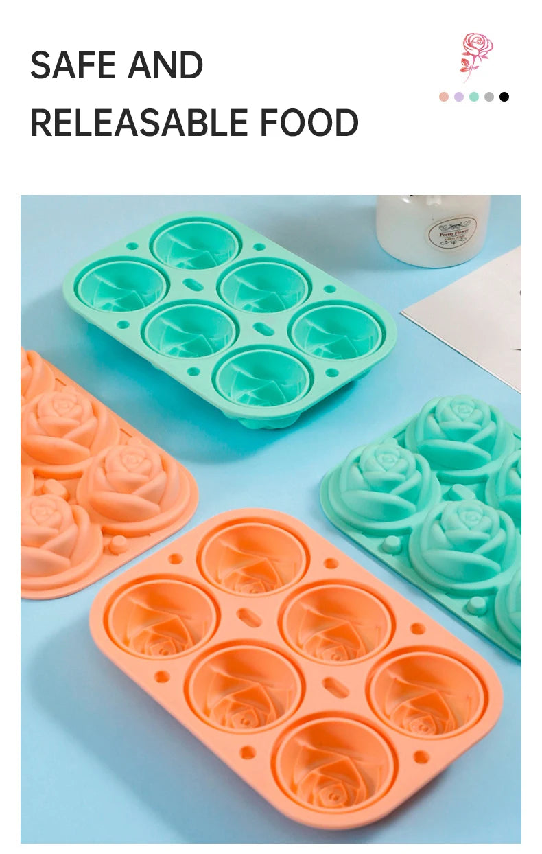 Ice Cube Maker 3D Rose Ice Molds 2.5 Inch, Large Cube Trays, Make 4/6 Giant Cute Flower Shape ,  Ice Pop Mold Silicone